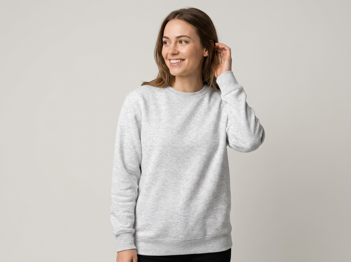 Model in Milltex heather grey crewneck