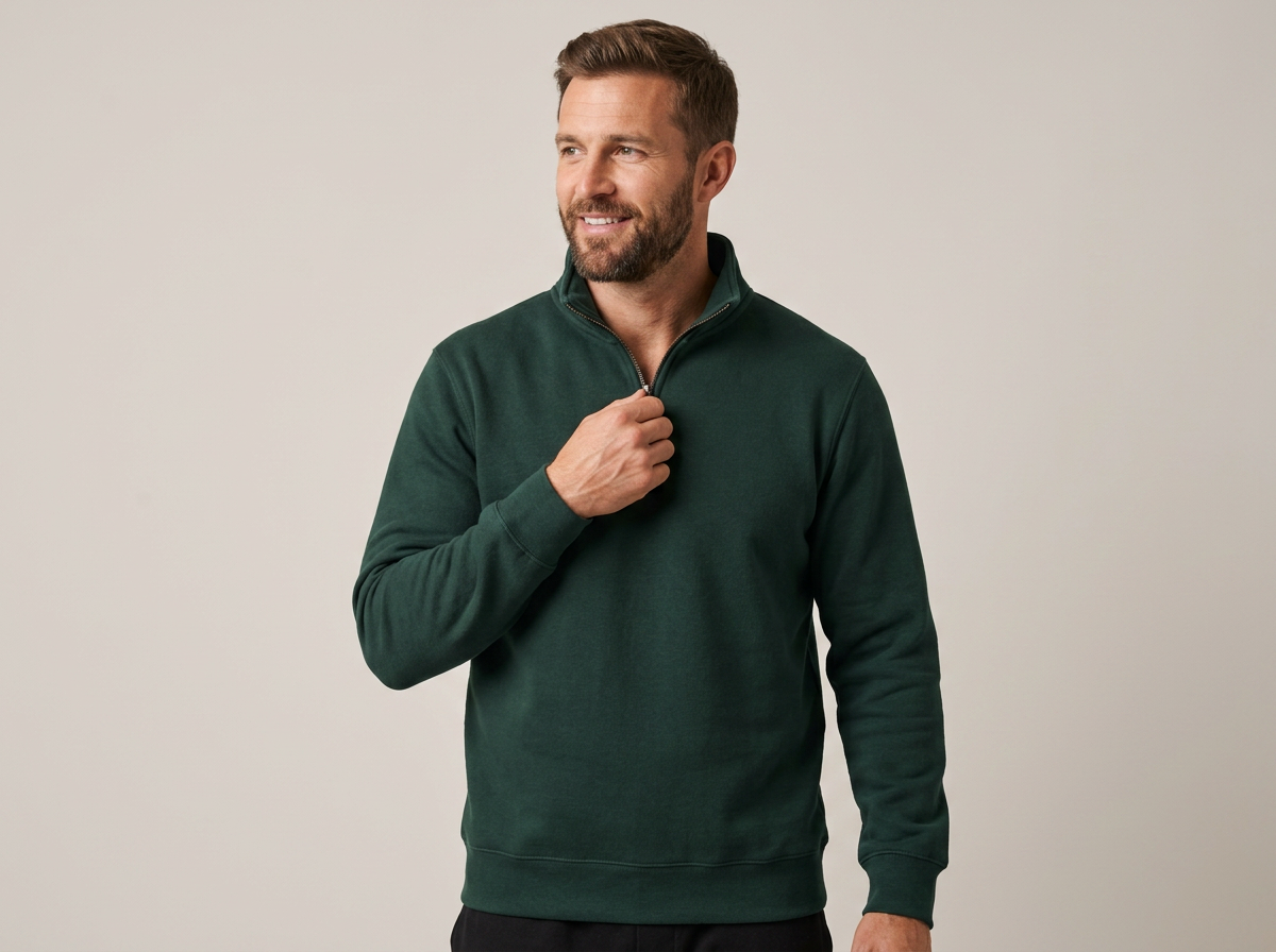 Model in Milltex forest quarter-zip