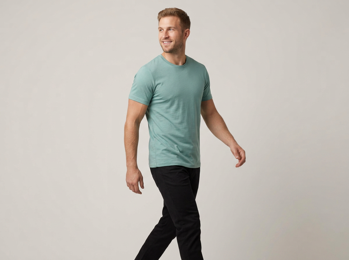 Model in Milltex sage t-shirt