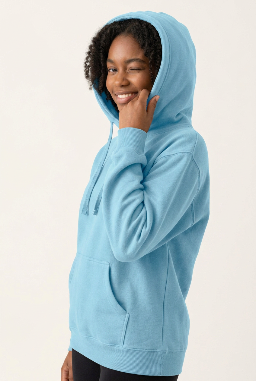 Model in Milltex 717 light blue hoodie