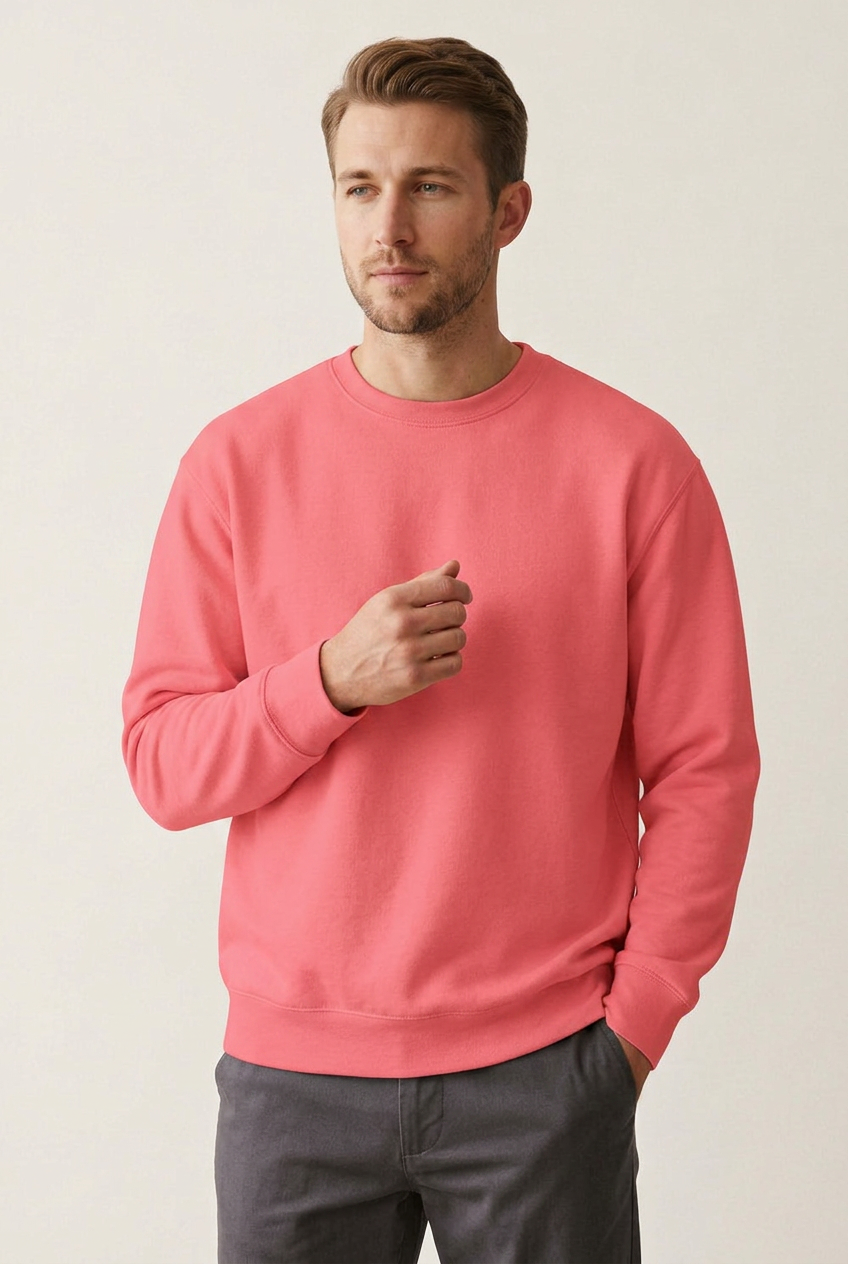 Model in Milltex 903 coral crewneck