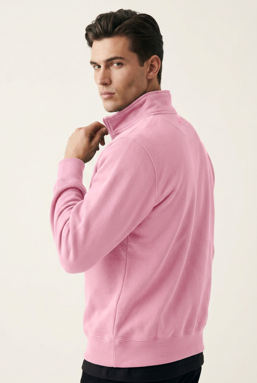 Model in Milltex 935 pink quarter-zip