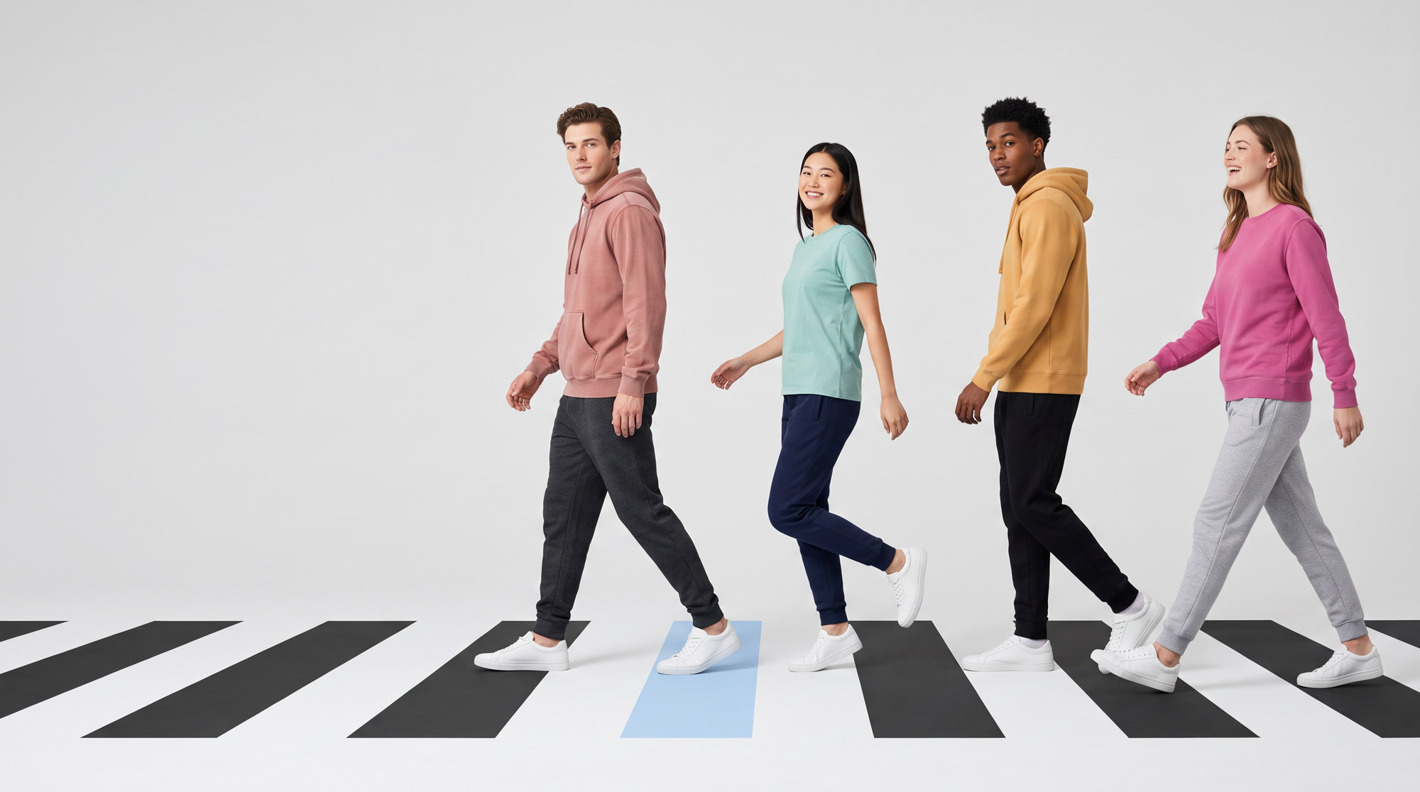 Models in Milltex blanks walking — dusty-rose hoodie, mint tee, mustard hoodie, pink crewneck