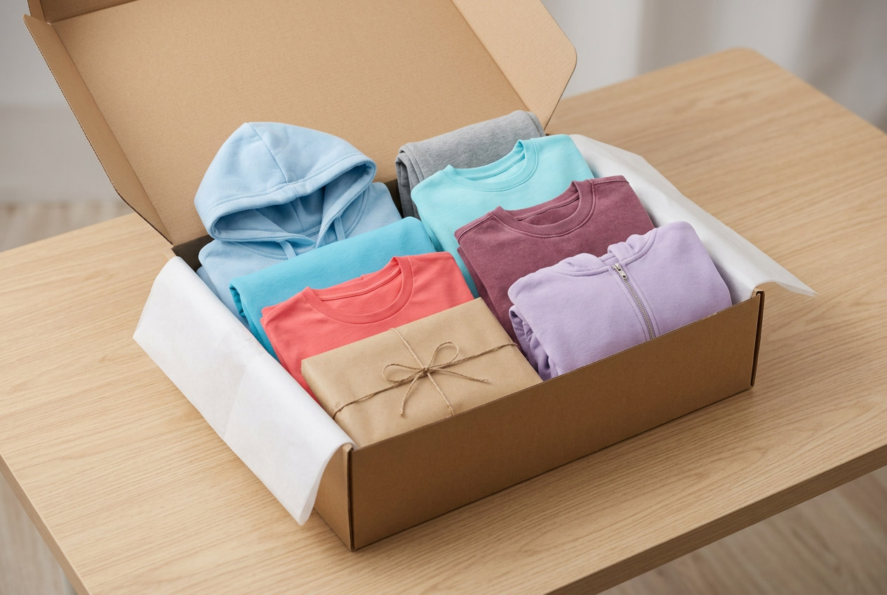 Open Milltex sample kit box with folded blanks and color card